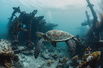 Fototapeta premium Majestic Sea Turtle Swimming Gracefully Among Sunken Shipwrecks in Clear Blue Ocean Waters Surrounded by Vibrant Coral and Marine Life