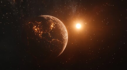 Obraz premium Earthrise from space, sunlit side, night lights visible.