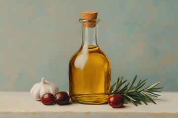 Olive Oil in Glass Bottle with Pouring Spout Surrounded by Fresh Ingredients and Soft Background for Culinary and Interior Decor Use