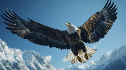 Majestic bald eagle in flight over snowy mountains.