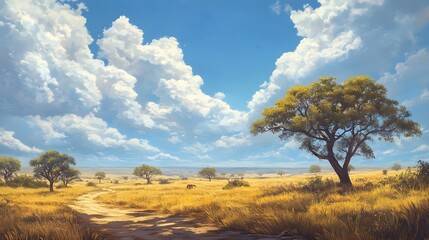 Obraz premium A vast savannah landscape with scattered trees and an expansive sky