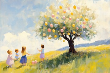 Tree of life for Easter with decorative eggs and children playing around.