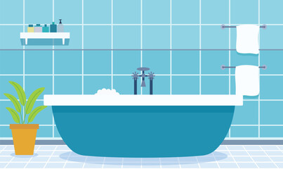 Naklejka premium Flat Design Illustration of Bathtub in Cozy Clean Bathroom at Home with Ceramic Wall Background