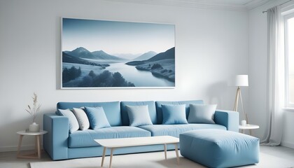 Interior mockup In a white room a blue sofa is placed next to a photo frame on the wall
