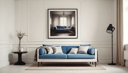 Interior mockup In a white room a blue sofa is placed next to a photo frame on the wall
