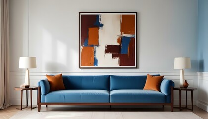 Interior mockup In a white room a blue sofa is placed next to a photo frame on the wall
