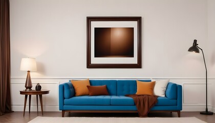 Interior mockup In a white room a blue sofa is placed next to a photo frame on the wall

