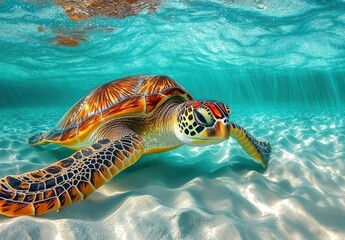 Obraz premium Majestic Sea Turtle Swimming Gracefully Through Crystal Clear Aqua Waters Beneath Sunlit Surface of the Ocean with Sandy Seabed Below