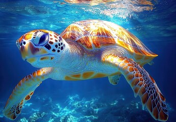 Fototapeta premium Majestic Sea Turtle Swimming Gracefully Through Crystal Clear Ocean Waters Surrounded by Vibrant Marine Life Under Glimmering Sunlight