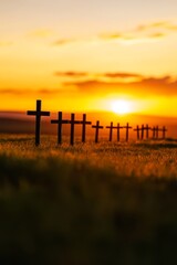 Naklejka premium Cemetery hill with crosses and sunrise.