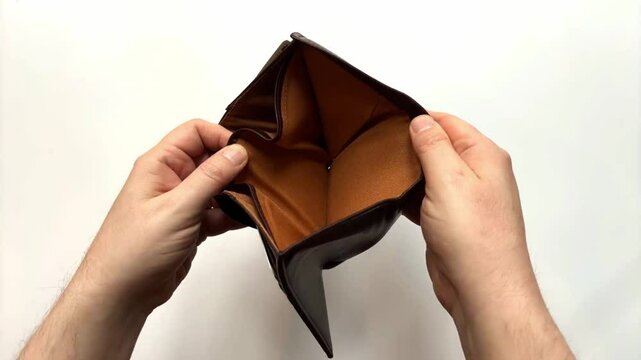 Horizontal overhead top down view of looking in empty wallet on white background