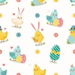Fototapeta premium Colorful easter cute chicks birds seamless pattern