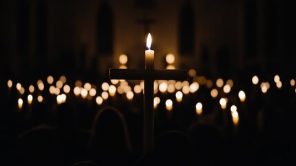 Candlelight Vigil for Easter with Worshippers in a Church.
