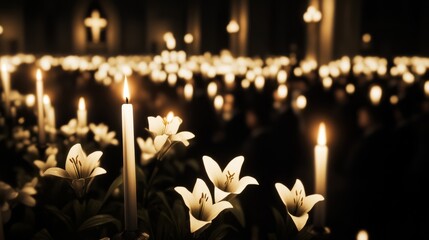 Candlelight vigil with people holding candles, making it feel serene and peaceful.