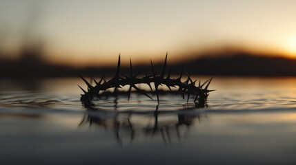 A surreal image depicting a floating crown of thorns above a pool of water with ripples, reflecting the sunrise.