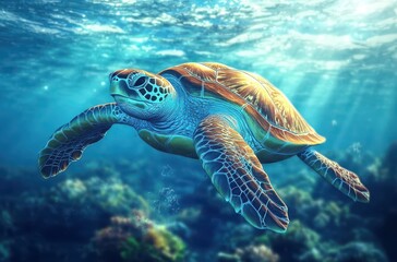 Fototapeta premium Majestic Sea Turtle Swimming Gracefully Through Vibrant Coral Reef Under Crystal Clear Ocean Waters In Tropical Environment
