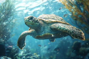 Obraz premium Majestic Sea Turtle Swimming Gracefully Through Vibrant Coral Reef Underwater Landscape in Tropical Ocean Environment