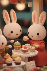 A whimsical cartoon-style illustration depicting a bunny bakery, with rabbits baking cupcakes and cookies, and decorating them with Easter-themed decorations.