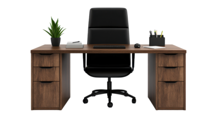 Modern office setup featuring a stylish desk and ergonomic chair. transparent background