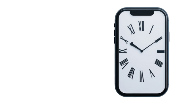 Modern smartphone displaying a clock face. transparent background