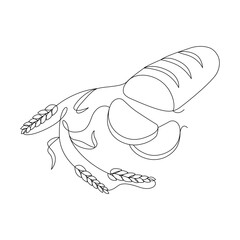 Ears of wheat and bread, drawn with continuous line in minimalism, abstract, piece, cereals, carbohydrates, healthy eating, symbol of prosperity and wealth, one line, editable vector contour