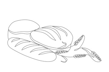 Ears of wheat and bread, drawn with continuous line in minimalism, abstract, piece, cereals, carbohydrates, healthy eating, symbol of prosperity and wealth, one line, editable vector contour