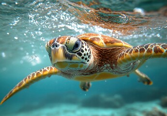 Fototapeta premium Majestic Sea Turtle Swimming Gracefully Underwater in Clear Tropical Ocean Waters with Colorful Coral Reef Background and Bubbles Surrounding it