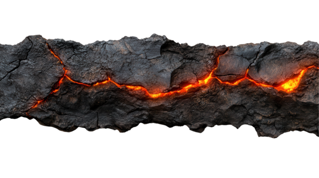 Molten lava crack with glowing orange elements. transparent background