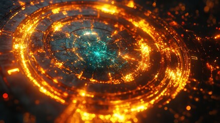 Obraz premium Fiery circular energy core with glowing teal center.