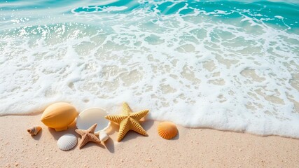 Obraz premium Sandy seashore with seashells and starfish, ocean waves in the background, copy space for text, memories, ocean, vacation
