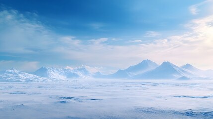 A wide, open tundra with snow-covered ground and distant mountains