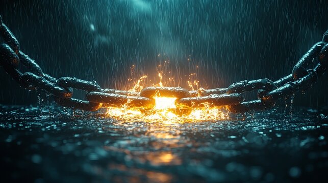 Burning chains breaking apart in rain; freedom concept