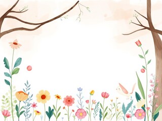 Obraz premium Watercolor woodland flowers in pastel colors with cute animal illustrations, woodland, kids, watercolor