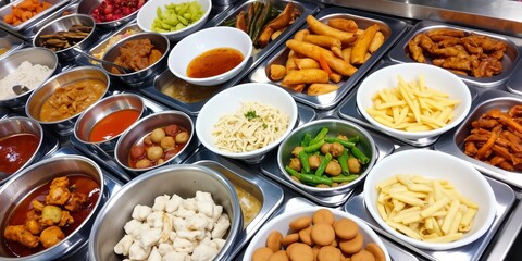 Steel tray filled with colorful dishes at self service Chinese restaurant, buffet, food, variety
