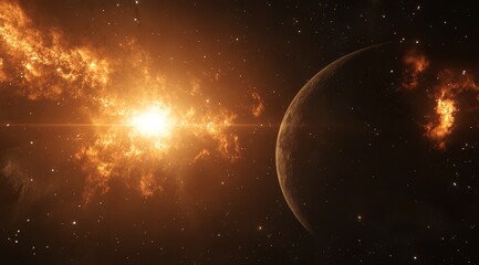 Obraz premium Fiery stellar explosion near a planet in space. (1)