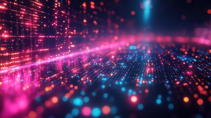 Abstract Digital Landscape: Neon Lights and Data Streams