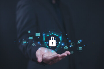 Cybersecurity concept. Access data protection, provides security to data and privacy in access. Businessman showis safety icon in hand, Internet network data protection, cybercrime