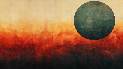 Dark teal sphere hovers over fiery orange sunset landscape abstract art. AI Generated