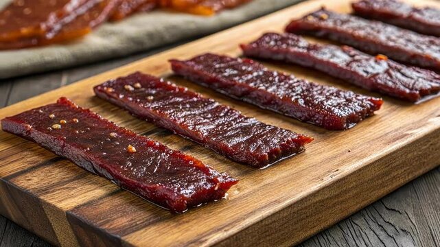 A closeup of strips of lean beef jerky glistening with a savory glaze arranged neatly on a rustic ting board.