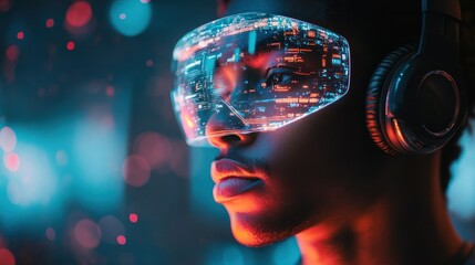 Person wearing futuristic AR glasses and headphones in vibrant neon light.