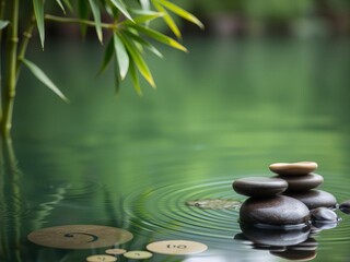Naklejka premium Tranquil spa background featuring black stones and bamboo on water, water, tranquil, calm