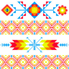 a ethnic geometric pattern inspired by traditional Native American or tribal designs. It features vibrant red, blue, yellow, and orange symmetrical patterns with geometric Vector ethnic Navajo  