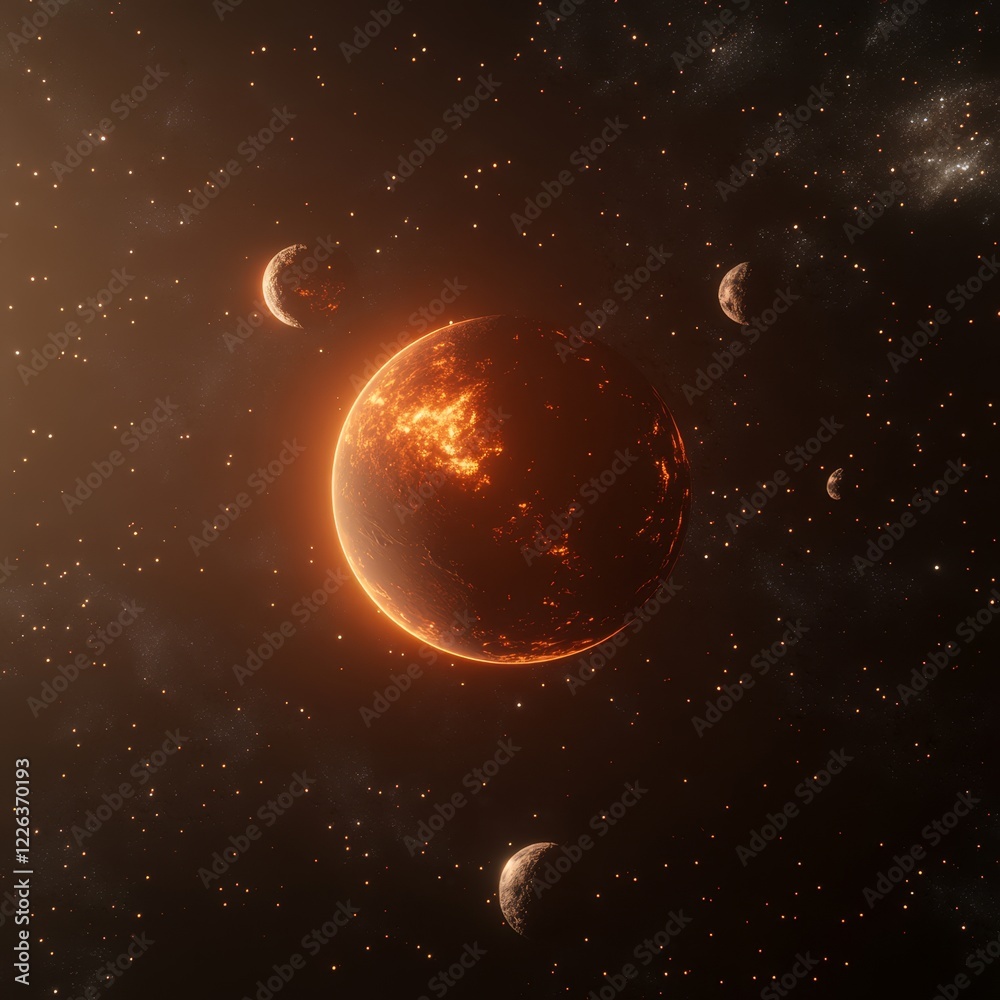 Wall mural fiery planet with three moons orbiting in a dark space.