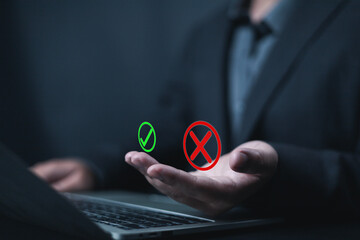 Yes or No decision idea. Checklist option communication, Businessman showing right or wrong icon in...