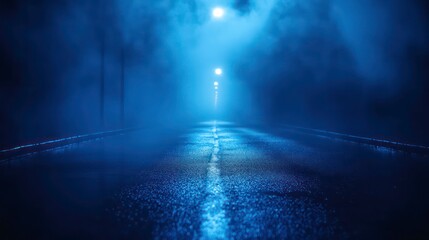 Foggy street with searchlight, laser beams, and smoke on wet asphalt, dark, blue, background, empty, street