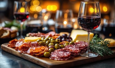 Cozy Dinner Table Setting with Glass of Red Wine and Charcuterie Board at Wine Tasting Event