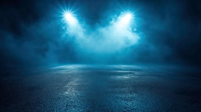 Foggy street with searchlight, laser beams, and smoke on wet asphalt, dark, blue, background, empty, street