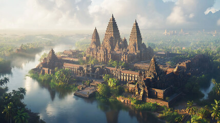 Fototapeta premium A Stunning Aerial View Of A Vast Temple Complex With Intricate Towers And Sprawling Courtyards, Surrounded By A Tranquil River And Lush Vegetation