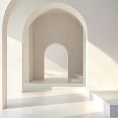 Minimalist white archway interior with sunlight and steps.