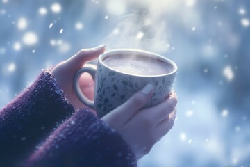 Cozy Winter Scene with Warm Drink Held in Hands Amidst Snowflakes
